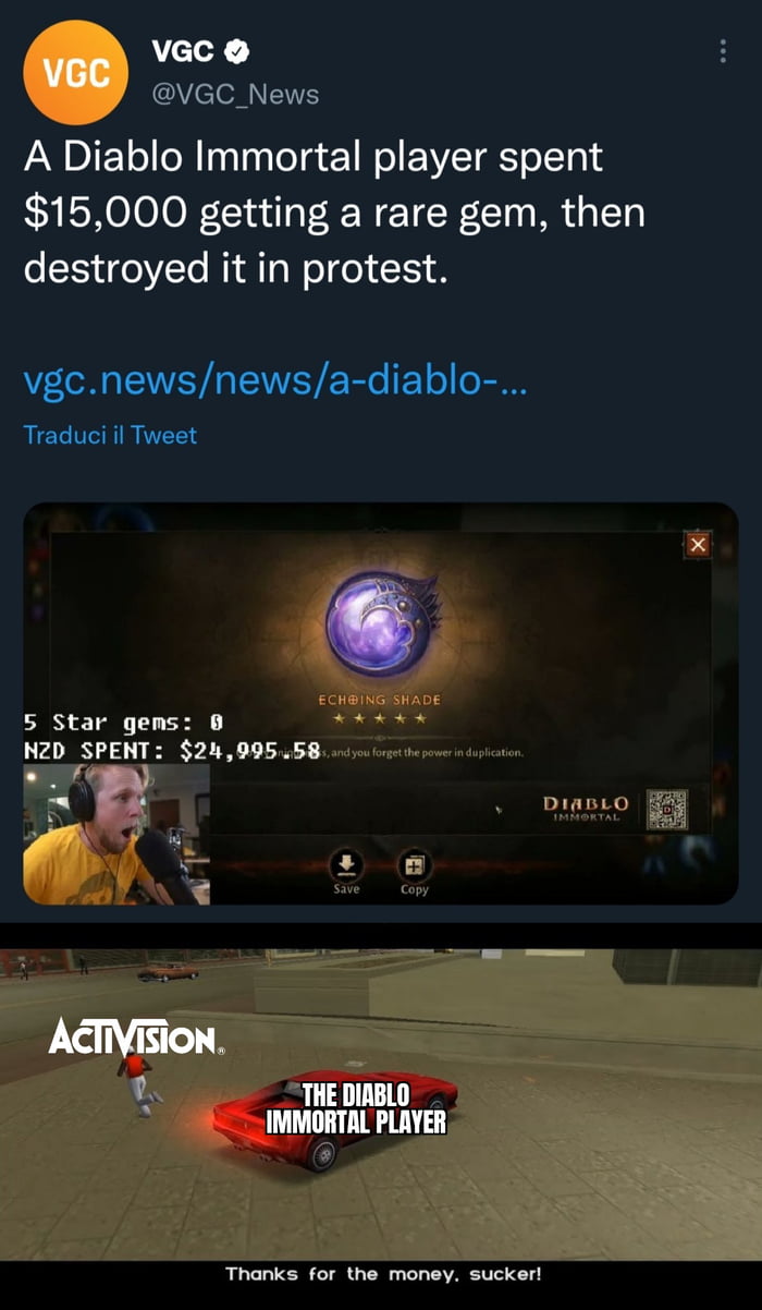 A Diablo Immortal player spent $15,000 getting a rare gem, then destroyed  it in protest