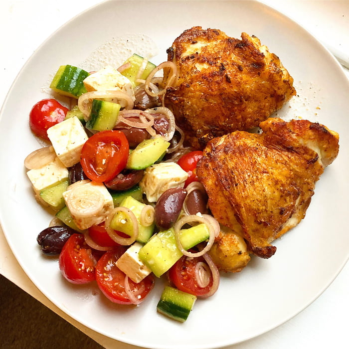 Pan seared chicken thighs with Greek salad 9GAG