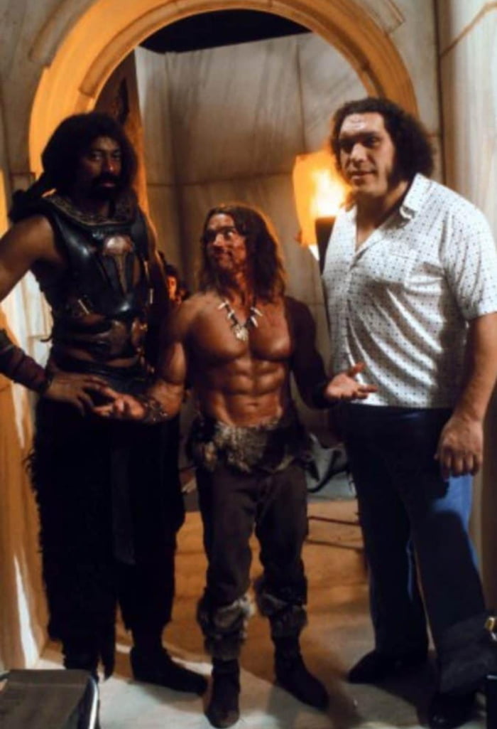 Arnold Schwarzenegger, Wilt Chamberlain and Andre the Giant on the set ...