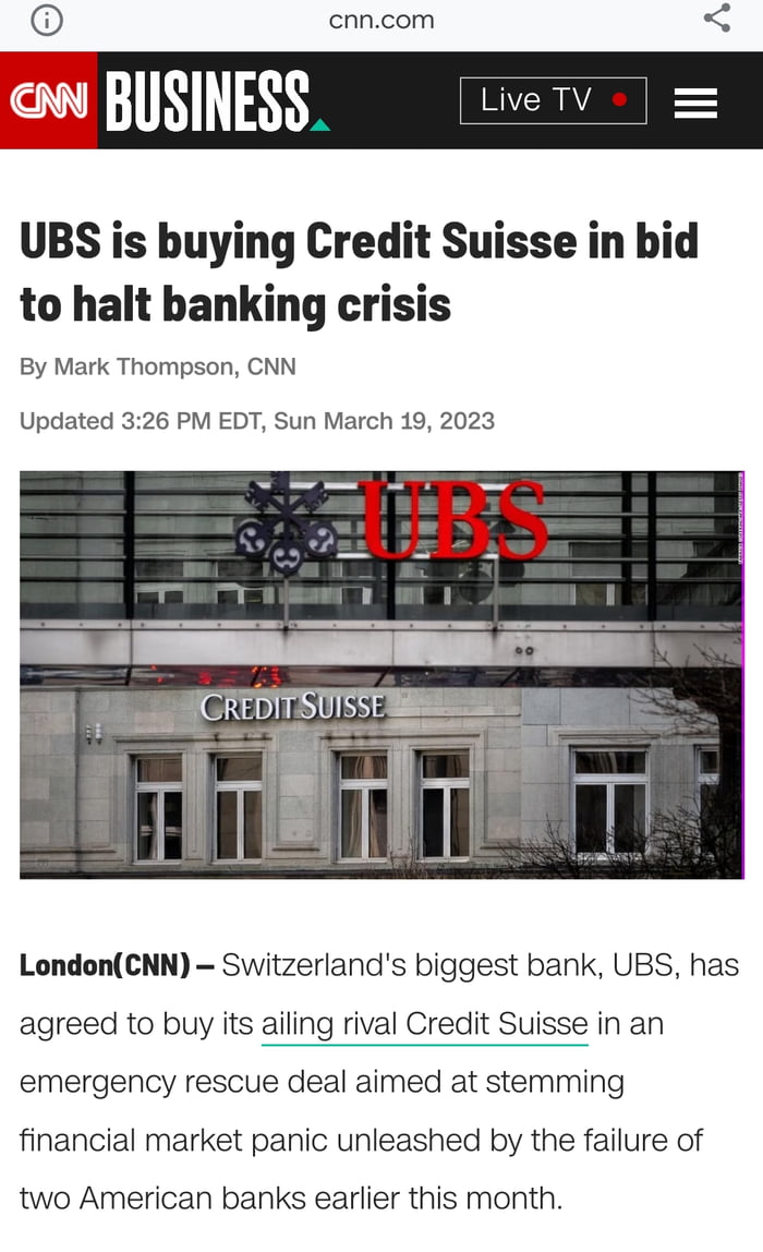Credit Suisse Has Collapsed Its Being Sold To Ubs For Measley 2bn Swiss Government Has