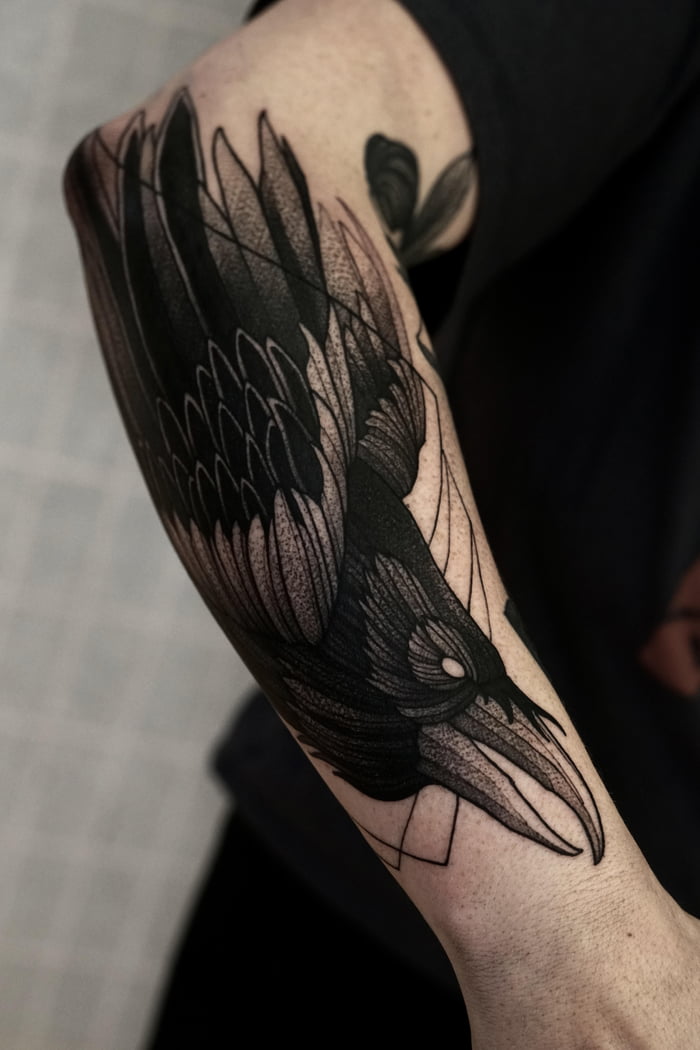 Blackwork raven done by Max LaCroix at Akara Arts in Milwaukee, WI - 9GAG