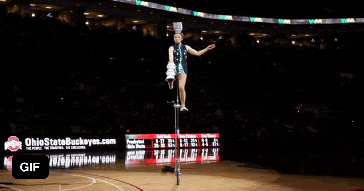 Lady flips 5 bowls from her foot to her head. On a unicycle. 9GAG