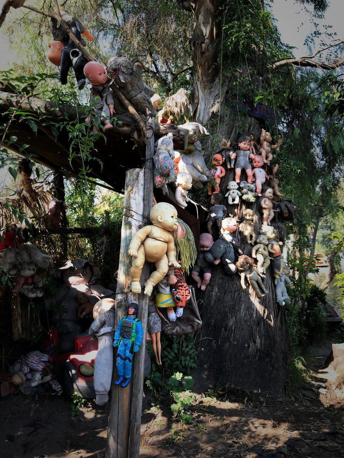 The "Island of Dolls" along the canals of Xochimilco in Mexico is full