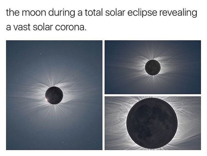 The moon during a total solar eclipse revealing a vast solar corona. - 9GAG
