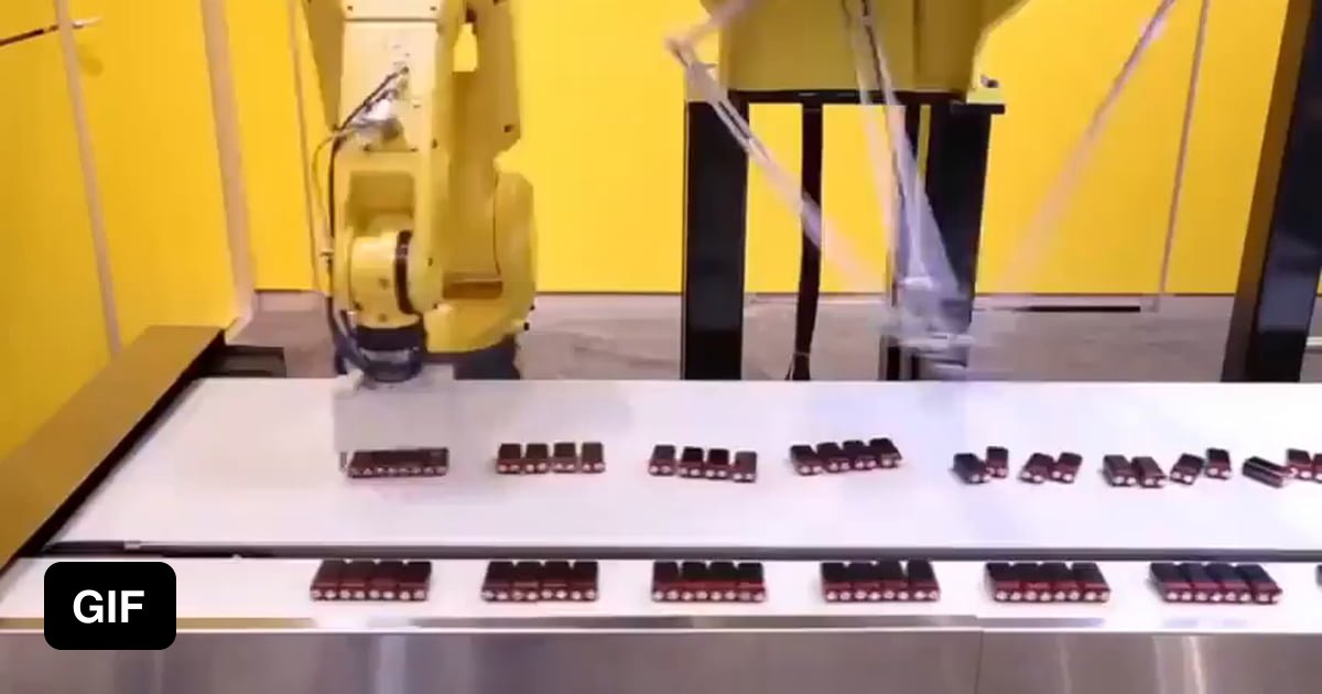 There two robots sorting batteries.