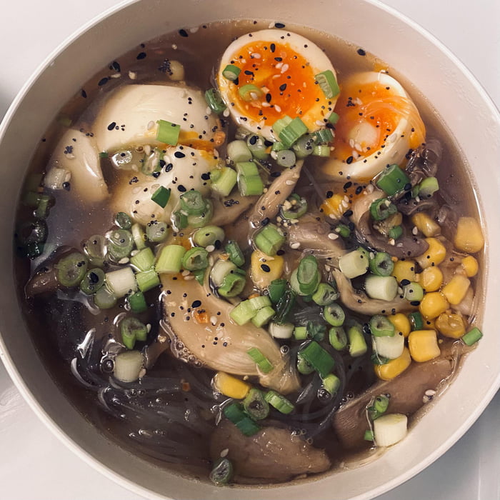 Homemade oyster mushroom ramen with savory sesame vegetable broth from