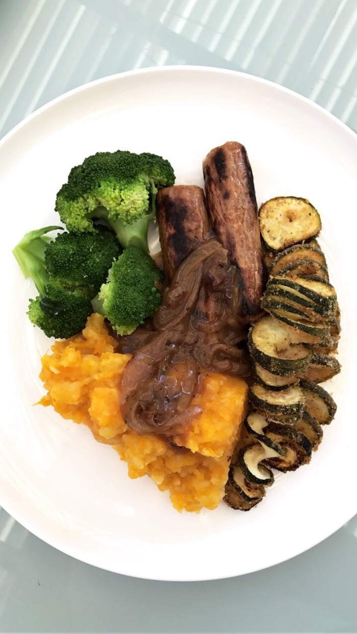 Vego Bangers & Mash Quorn sausages with pumpkin/potato mash, onion