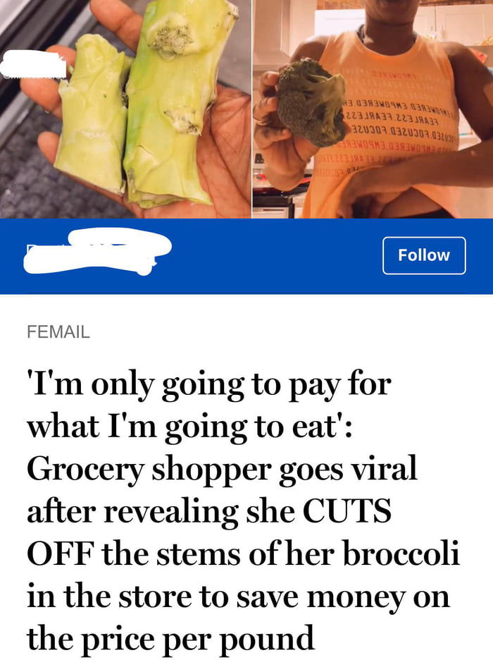 Lady cuts off broccoli stems in the store to save a few cents. - 9GAG