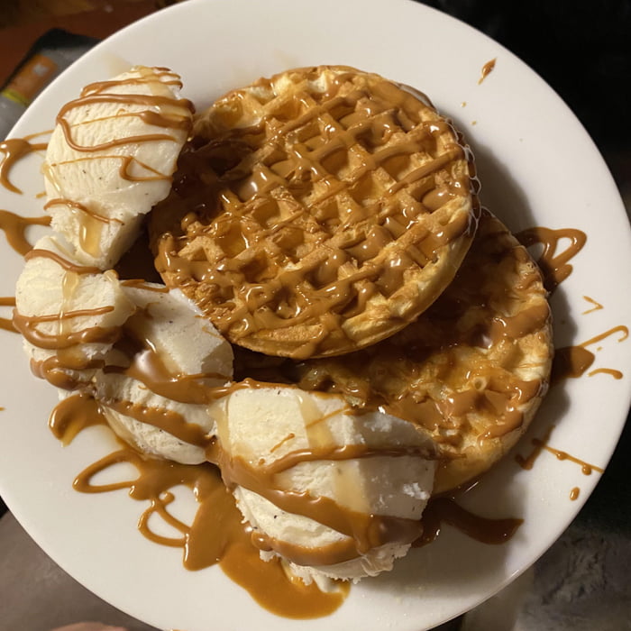 Frozen Waffles + Vanilla Bean Ice Cream + Melted Biscoff Cookie Butter