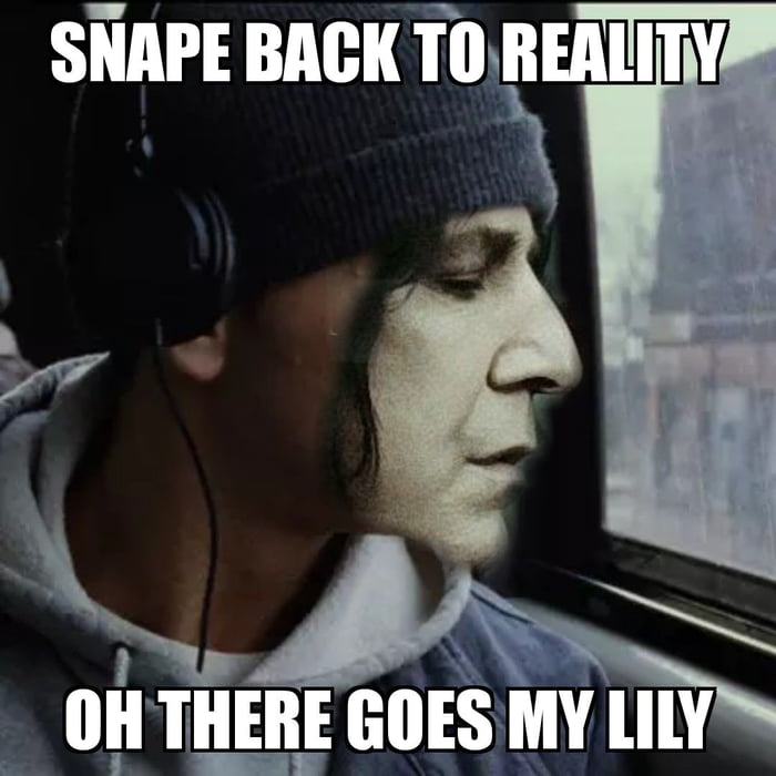 Snape watching the replay of Lily's death by putting his head in the