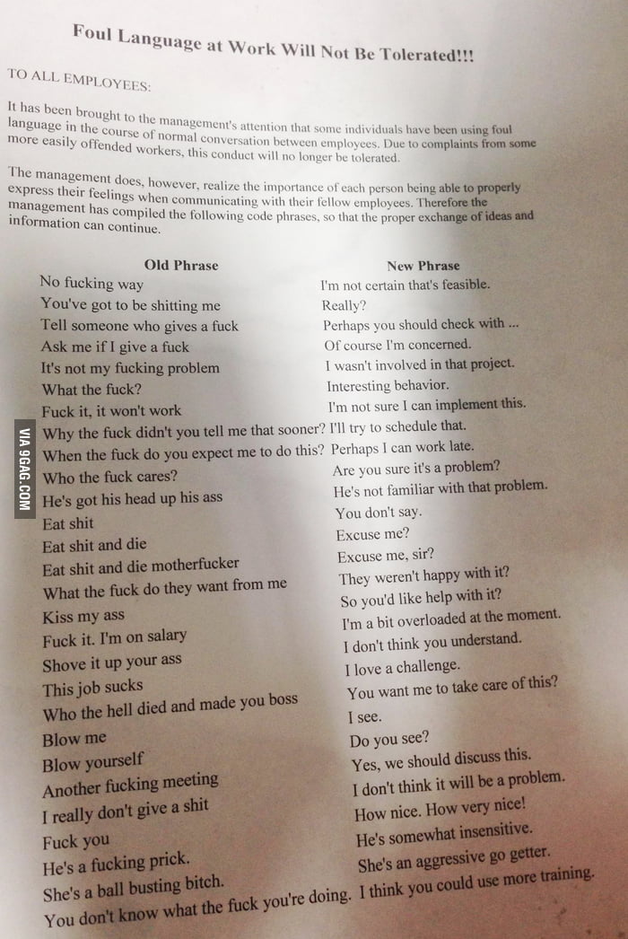 Foul language at work will not be tolerated! - 9GAG