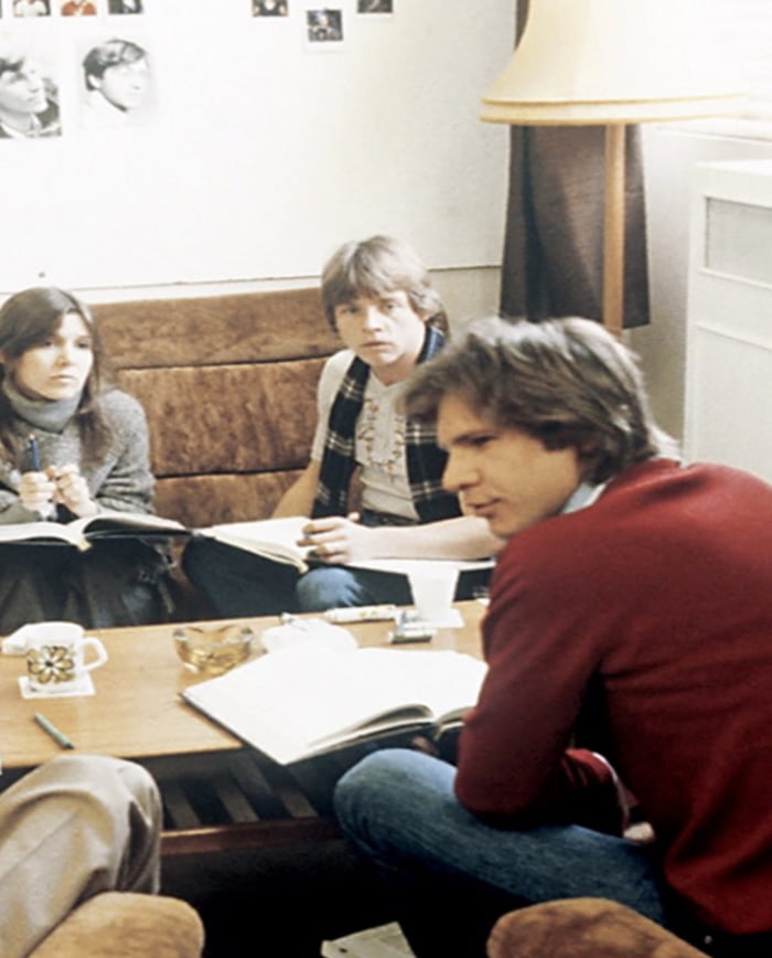 Carrie Fisher Mark Hamill And Harrison Ford Going Over The Script For