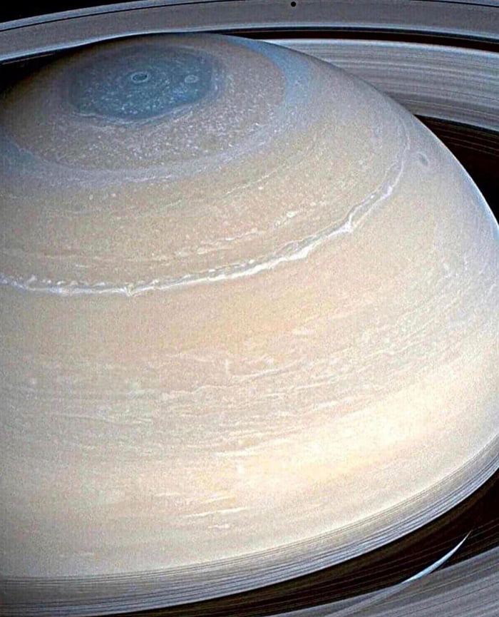 A close up of Saturn by NASA, with the hexagon storm - 9GAG