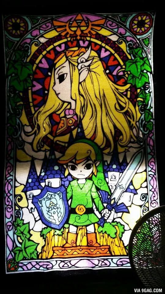 Got this stained glass Wind Waker blanket and put it over my window ...