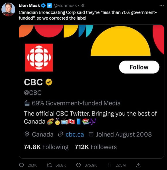 Elon Musk labeled CBC Canadian News Channel 69% Government owned after ...