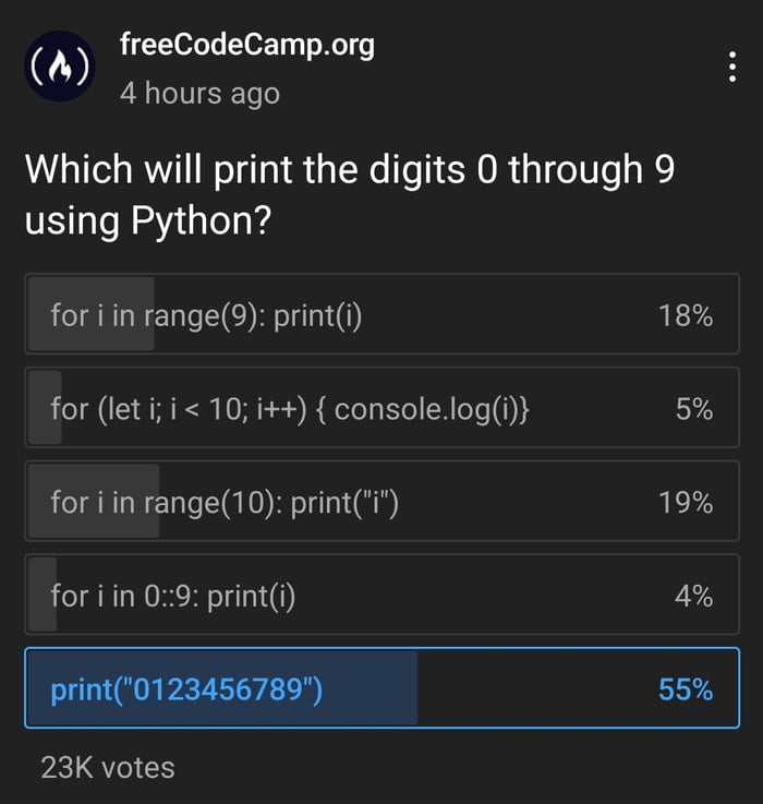 Which will print 0 through 9 in Python? - 9GAG