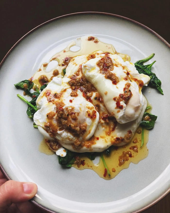 Wilted Spinach , Lemon and Garlic Yoghurt, poached eggs with chilli