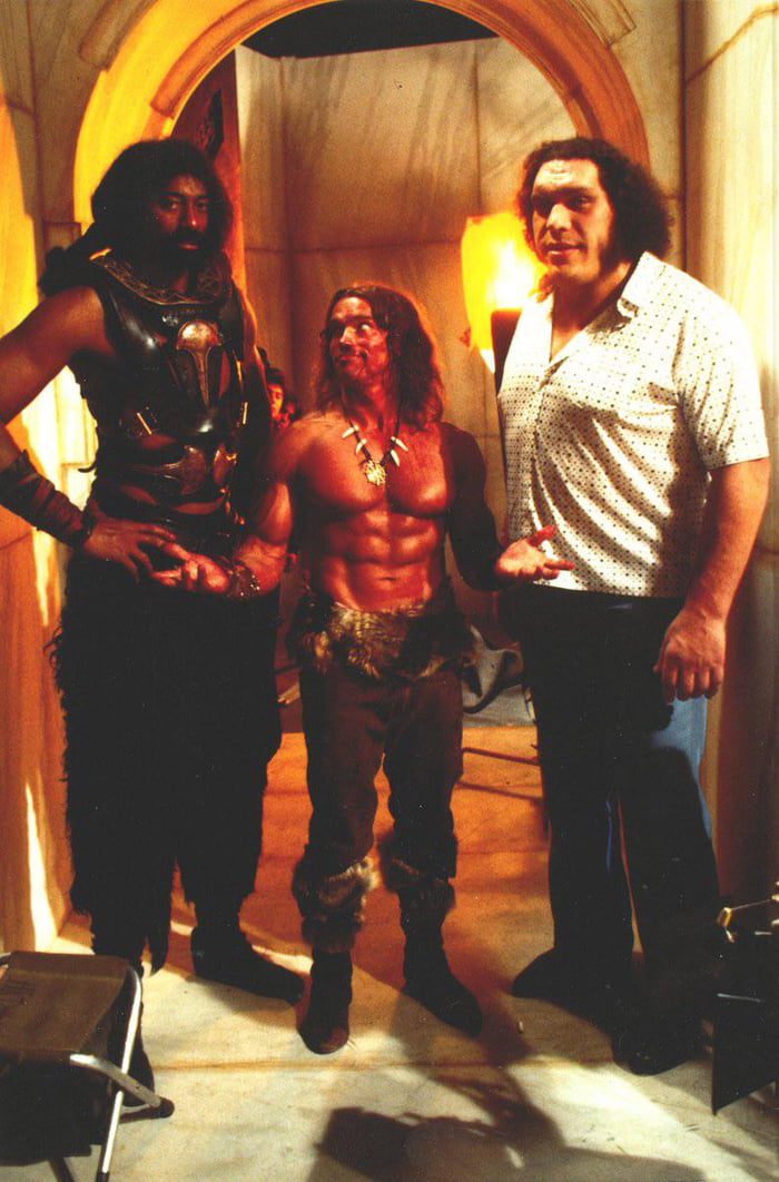 Arnold Schwarzenegger next to Andre the giant and Wilt Chamberlain - 9GAG