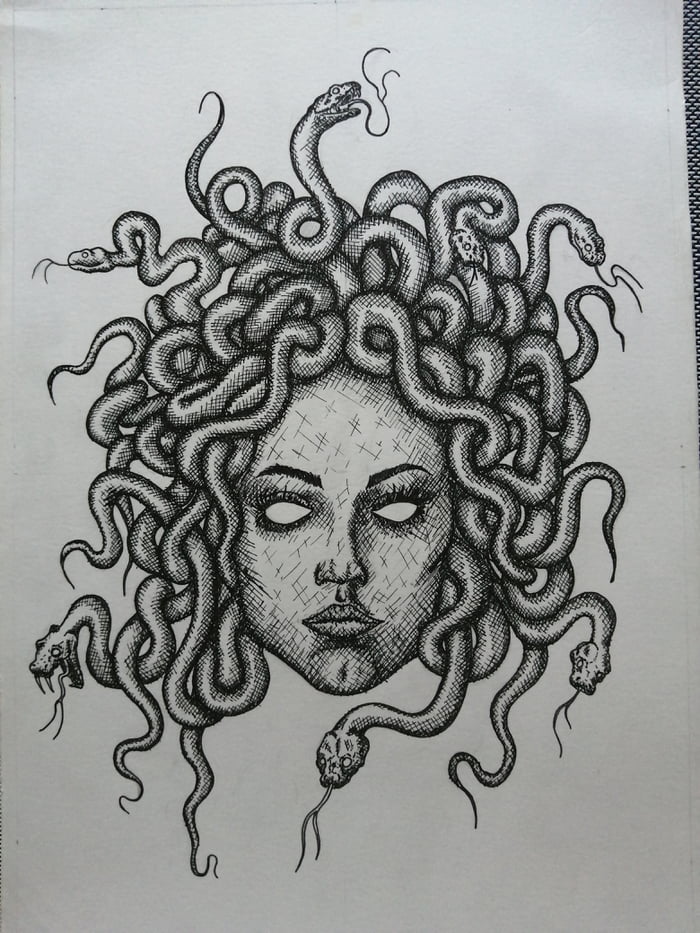 Medusa - first attempt on cross-hatch shading a face - 9GAG