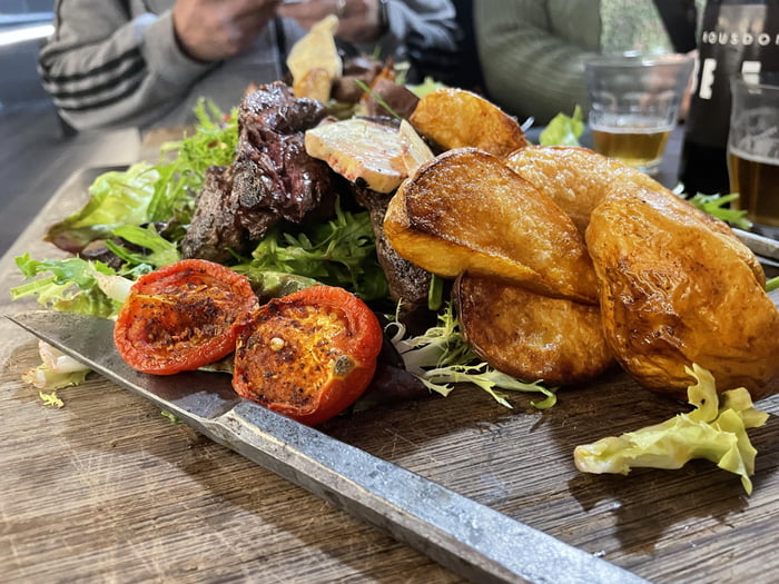 Onglet, duck fried potato wedges & side salad. Rousdon Kitchen, Lyme