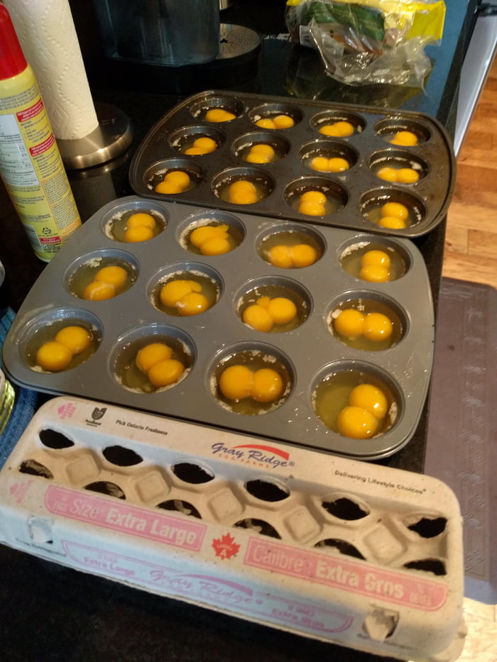 My 2dozen pack of eggs from Costco was 100 double yolks 9GAG