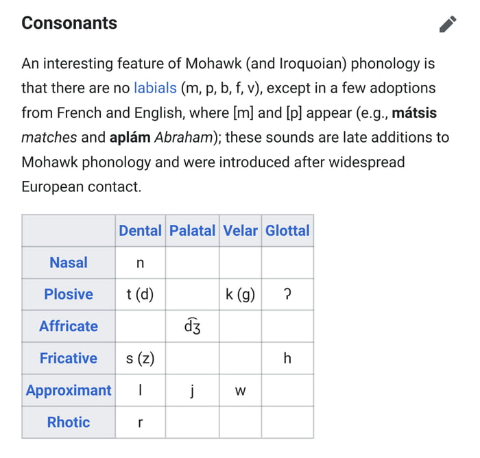The Mohawk language has no labial consonants, which means it’s one of