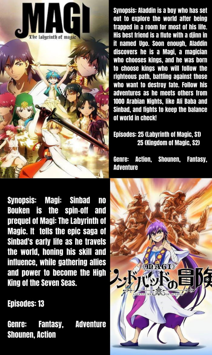 Anime Rec: Magi the Labyrinth of Magic and Magi the Kingdom of Magic.