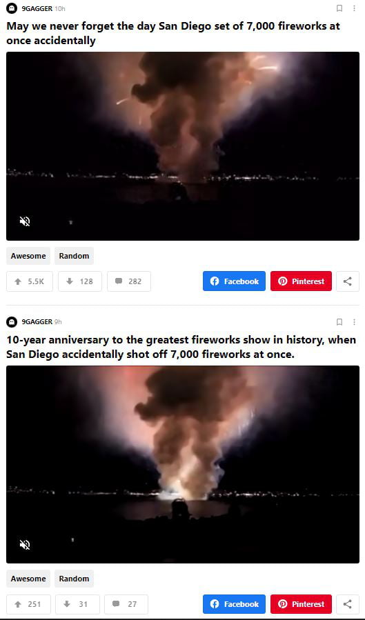 Image représentant un flux venant du site 9gag ou l'on peut observer deux posts identiques à l'exception de leur titres se suivant