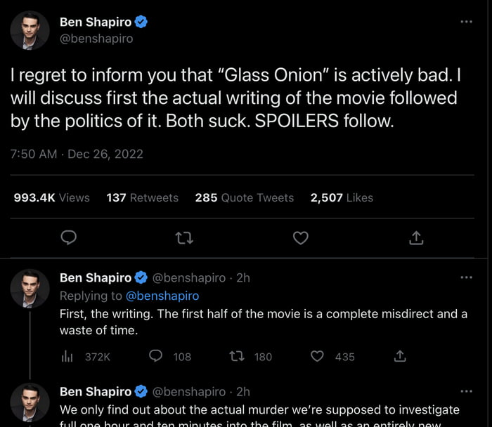 Ben Shapiro Is Whining About Glass Onion Is Too Woke The Day After