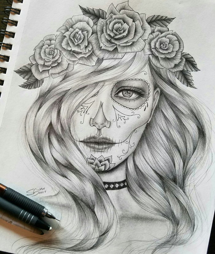 Freehand day of the dead drawing by me, graphite on sketchbook paper