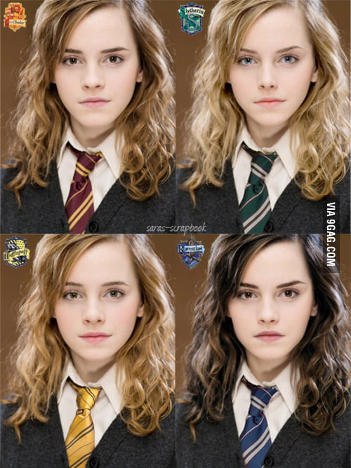 Hermione as Gryffindor, Ravenclaw, Hufflepuff and Slytherin - 9GAG