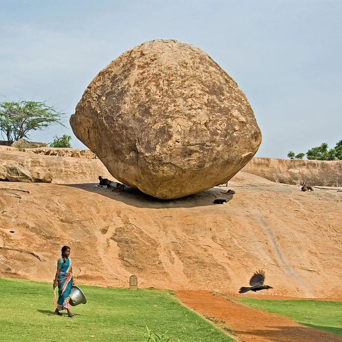 Krishna's butterball, Tamil Nadu, India - A gigantic 250 tones granite ...