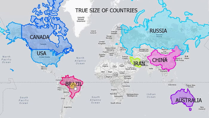 Actual Size World Map Countries