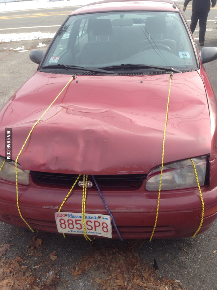 Hood popped open while driving had to strap it down 9GAG