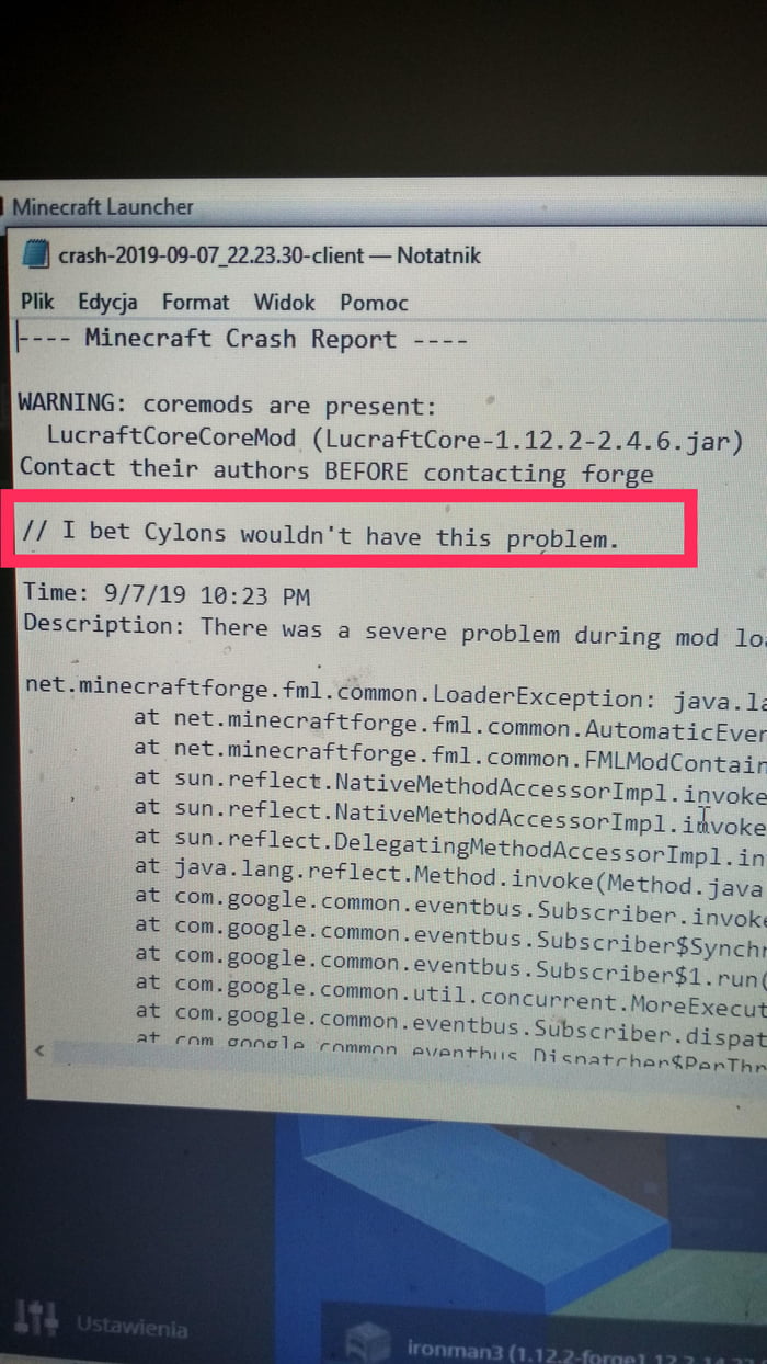 Mad Respect For Referencing Battlestar Galactica Series In Crash Report Of Minecraft Mod 9gag
