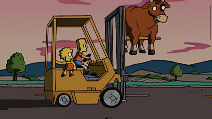 Simpsons logic... Driving a forklift without reaching the pedals - 9GAG