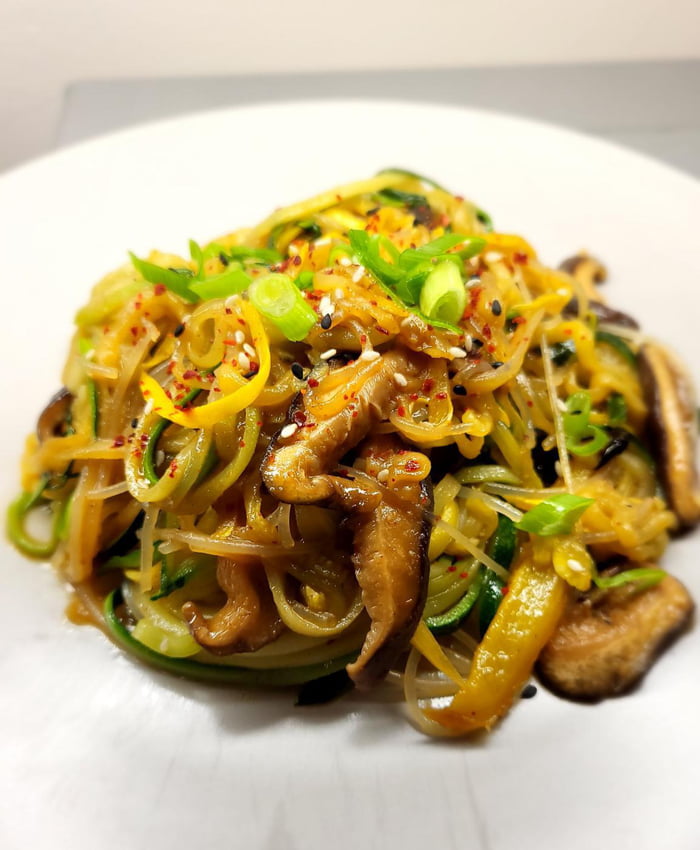 Mei fun with julienne zucchini, squash and oven roasted yellow bell in