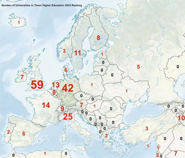 Number of universities in top 500 in Times Higher Education (2023) - 9GAG