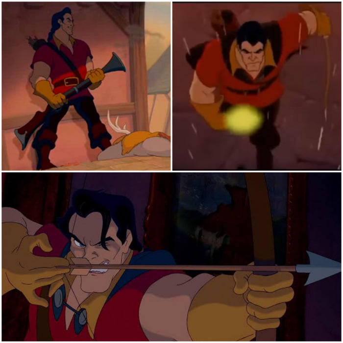 In Beauty And The Beast 1991 Gaston Used His Bow In The Final Confrontation With The Beast Instead Of His Blunderbuss This Is Because It Was Raining And The Gunpowder Would Ve Gotten