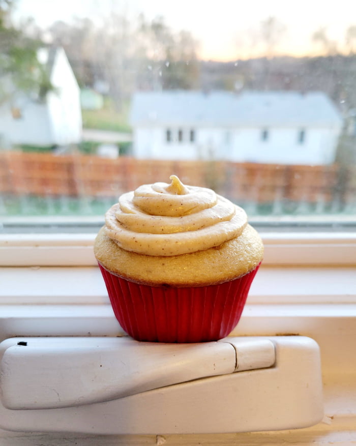 Butter pecan cupcake filled with vanilla bean diplomat cream topped