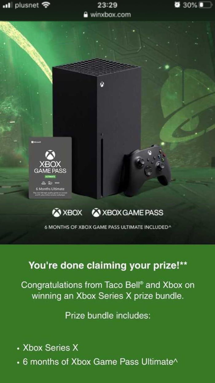 Won the Taco Bell Xbox series x after buying a large soda and 2 tacos ...