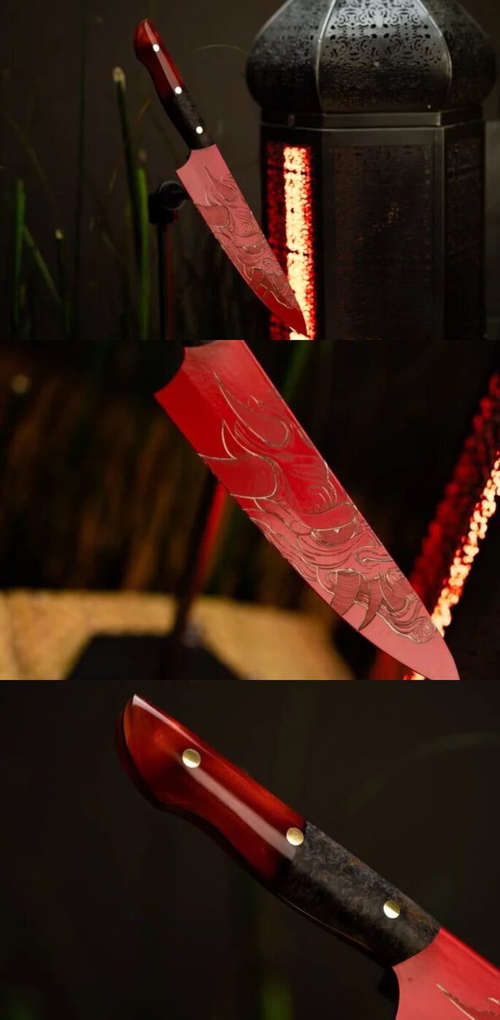 Kitchen knife Oni. The blade is covered with a special red coating, the ...