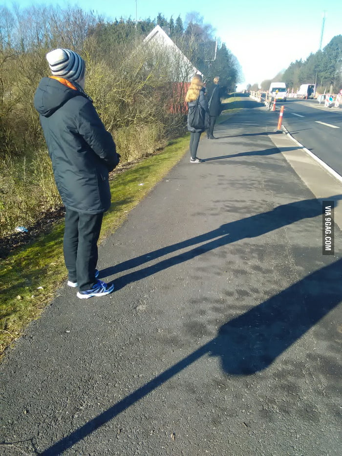 Waiting for the bus. Wouldn't want to get too close to each other! - 9GAG