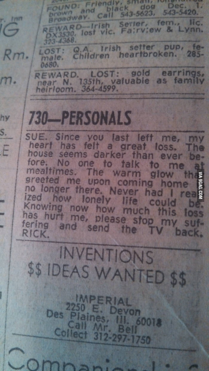This is the first ad in the personals in a newspaper from 1973 - 9GAG