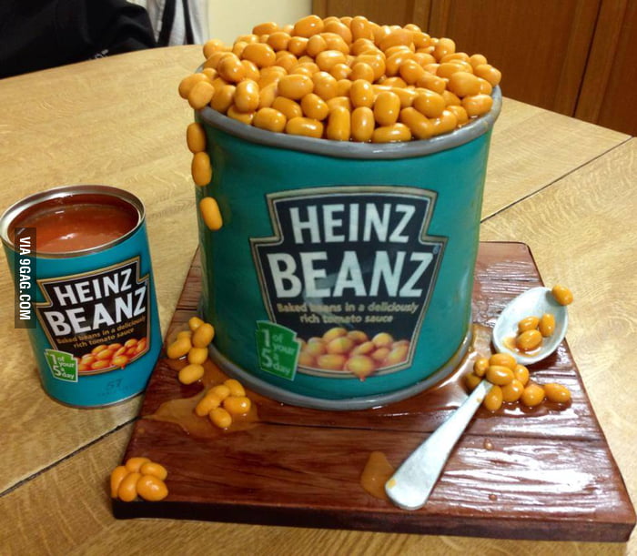 Huge baked bean tin cake, complete with an edible spoon 9GAG