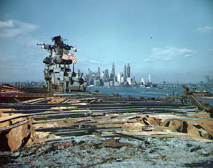 The view from the badly damaged flight deck of the USS Franklin in New