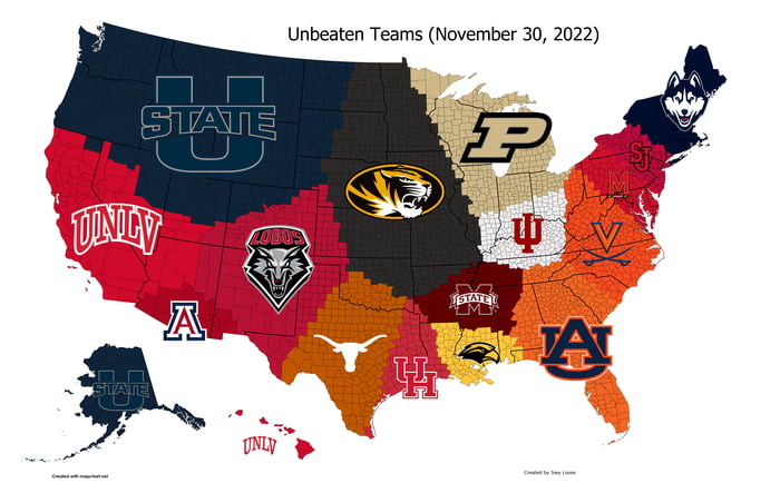 Closest Undefeated Team to Each US County (November 30, 2022) - 9GAG