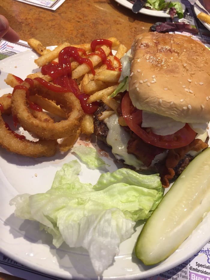 Double Bacon Cheeseburger Deluxe with Fries and Onion Rings (2) 9GAG