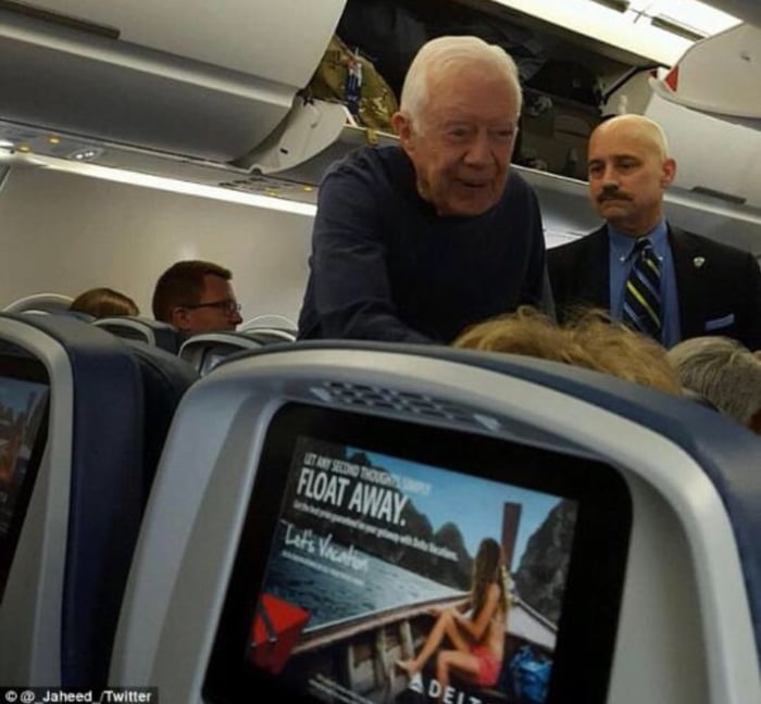 Jimmy Carter on a commerical flight, greeting passengers. - 9GAG