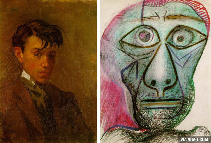 Picasso's self portrait age 16 vs self-portrait age 72 - 9GAG